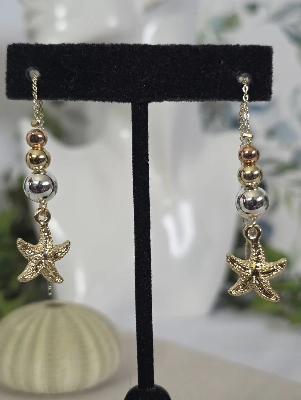 Gold Filled Tricolor Bead Starfish Drop Threader Earrings Mermaid Coastal